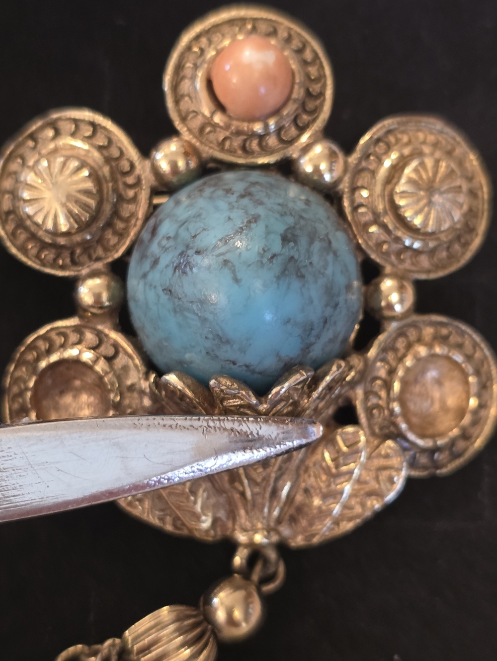 Vtg Art Deco Victorian Faux Turquoise Coral Chain Gold-Tone Tassel Brooch READ - Picture 8 of 14